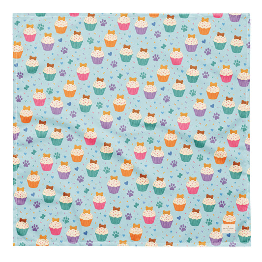 Cookie on Top birthday dog bandana featuring colorful cupcakes, hearts and paw prints on a light blue background by HoneyPaw Pets