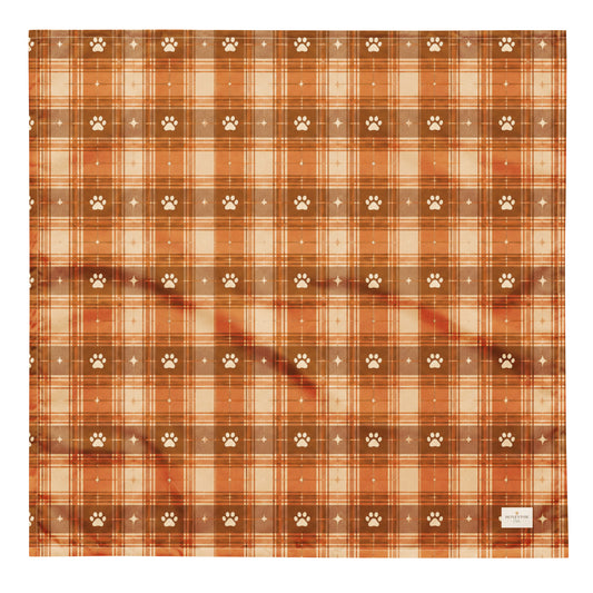 Harvest Hound dog bandana featuring a rust brown plaid pattern with paw prints on a warm autumn-inspired background by HoneyPaw Pets
