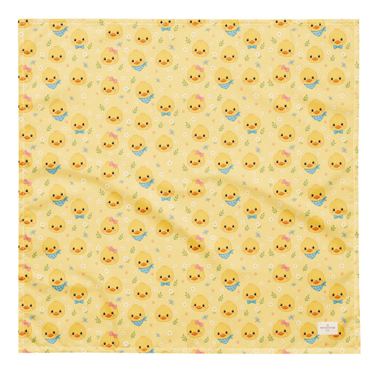 Quack Pack dog bandana featuring duck faces and paw prints on a yellow background by HoneyPaw Pets