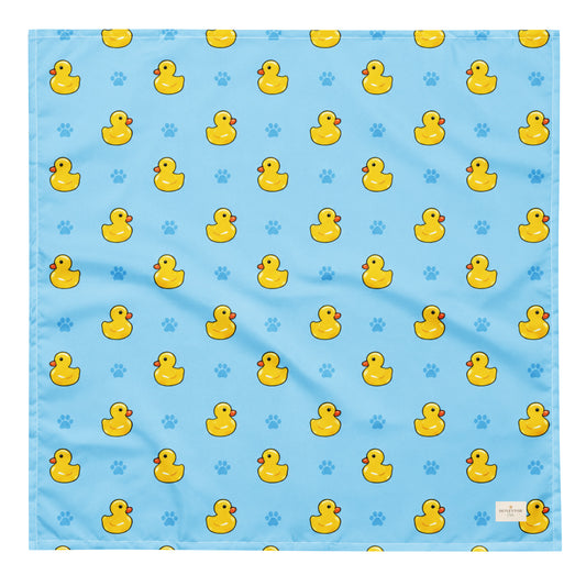 Splish Splash duck dog bandana featuring rubber ducks and paw prints on a blue background by HoneyPaw Pets