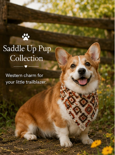 Corgi wearing a HoneyPaw Pets cream and terracotta aztec southwestern dog bandana