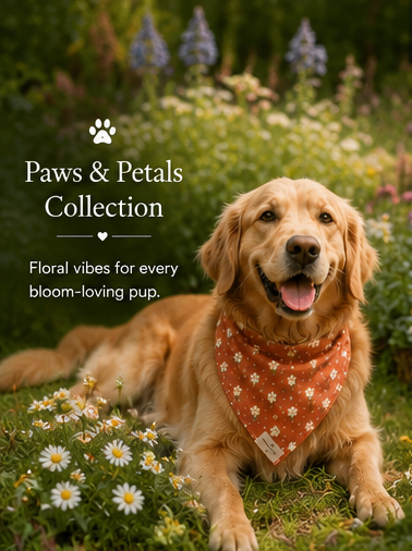 Cavalier King Charles Spaniel wearing a pink floral bandana, sitting in front of a wicker basket with greenery