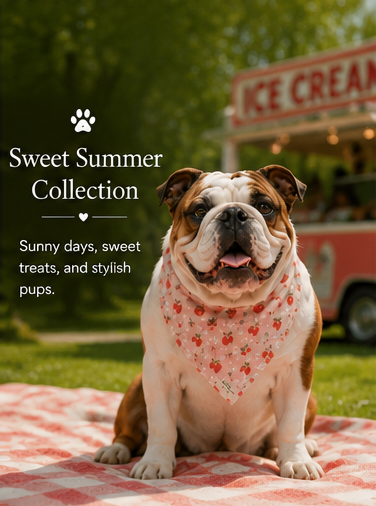 English Bulldog wearing a plaid bandana with orange peach print, sitting in front of a wicker basket with greenery