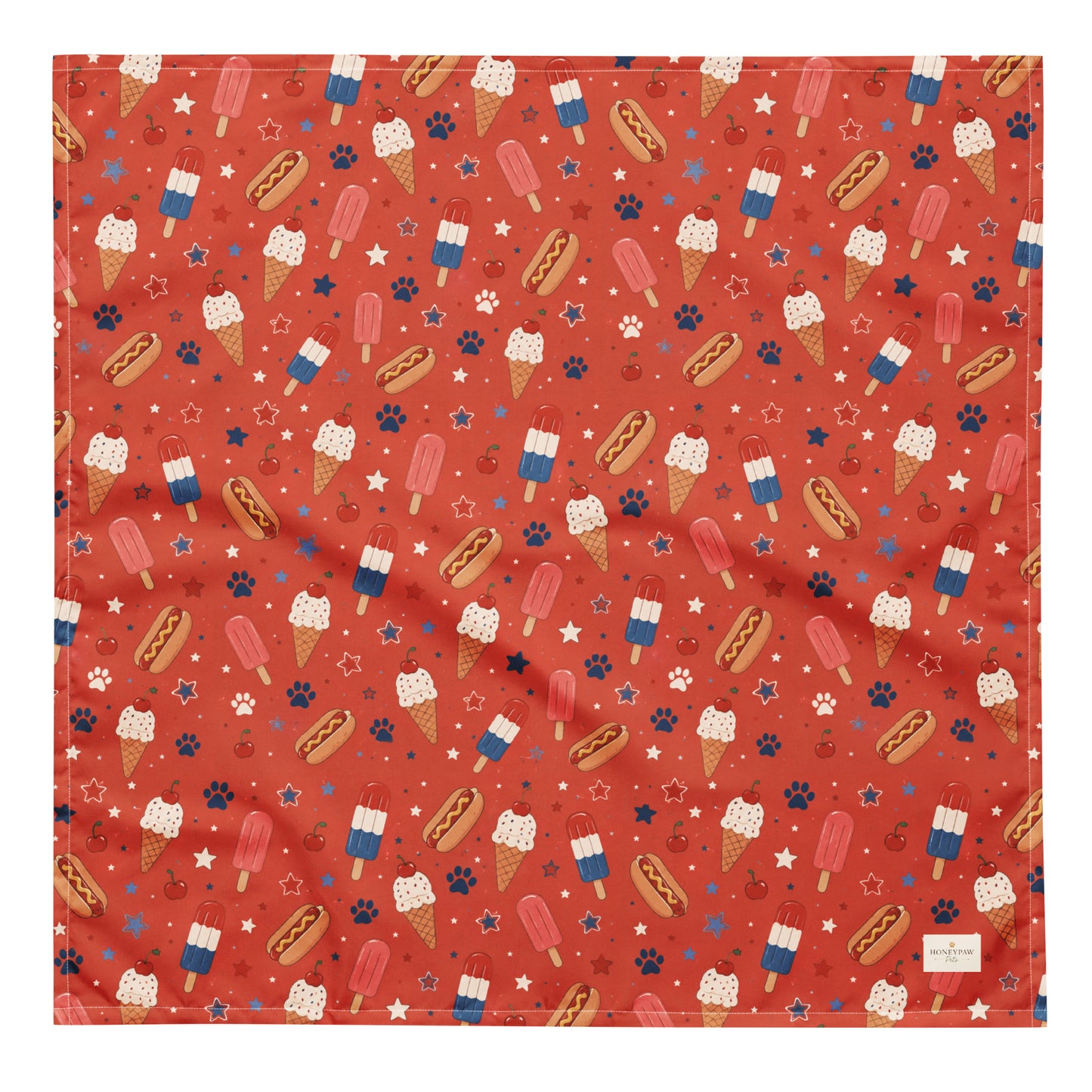 Backyard Bark-B-Q dog bandana featuring hot dogs, popsicles, and ice cream treats on a red background by HoneyPaw Pets.