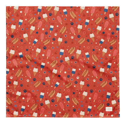 Backyard Bark-B-Q dog bandana featuring hot dogs, popsicles, and ice cream treats on a red background by HoneyPaw Pets.