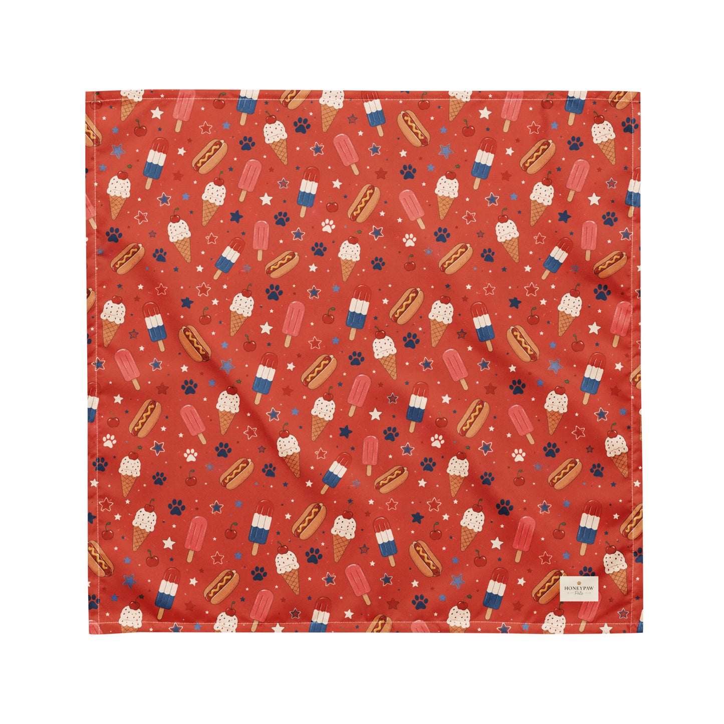 Backyard Bark-B-Q dog bandana featuring hot dogs, popsicles, and ice cream treats on a red background by HoneyPaw Pets.