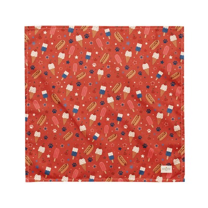 Backyard Bark-B-Q dog bandana featuring hot dogs, popsicles, and ice cream treats on a red background by HoneyPaw Pets.