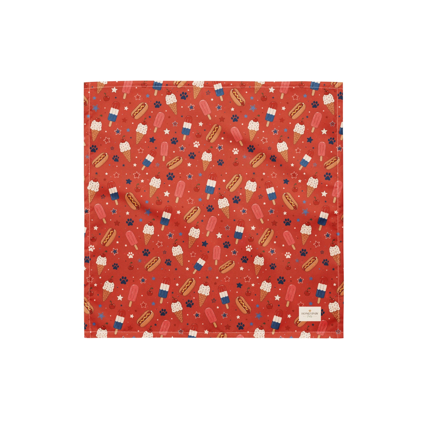 Backyard Bark-B-Q dog bandana featuring hot dogs, popsicles, and ice cream treats on a red background by HoneyPaw Pets.