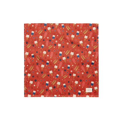 Backyard Bark-B-Q dog bandana featuring hot dogs, popsicles, and ice cream treats on a red background by HoneyPaw Pets.