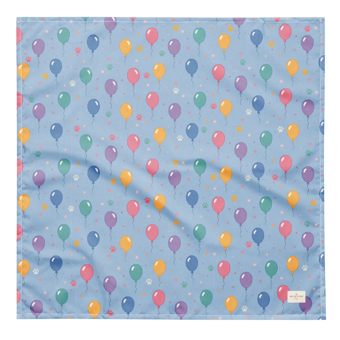 Balloon Bark Bash birthday dog bandana featuring colorful balloons and confetti on a light blue background by HoneyPaw Pets
