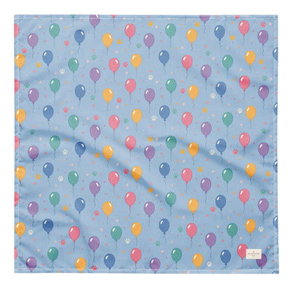 Balloon Bark Bash birthday dog bandana featuring colorful balloons and confetti on a light blue background by HoneyPaw Pets