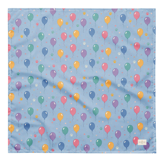 Balloon Bark Bash birthday dog bandana featuring colorful balloons and confetti on a light blue background by HoneyPaw Pets