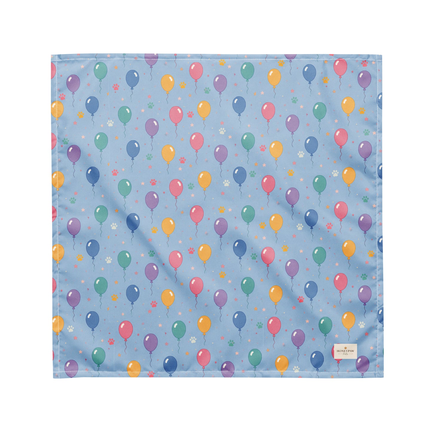 Balloon Bark Bash birthday dog bandana featuring colorful balloons and confetti on a light blue background by HoneyPaw Pets