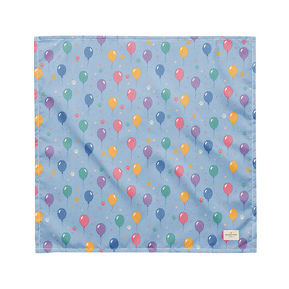 Balloon Bark Bash birthday dog bandana featuring colorful balloons and confetti on a light blue background by HoneyPaw Pets