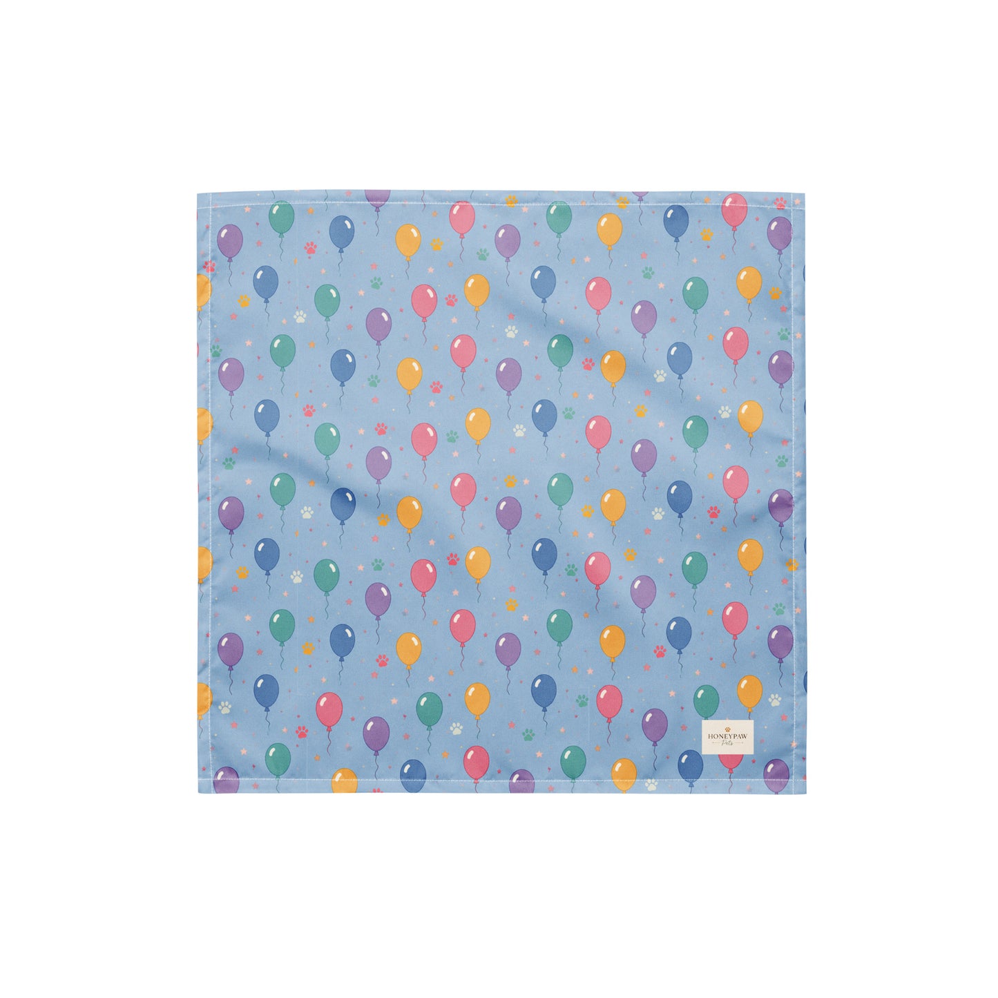 Balloon Bark Bash birthday dog bandana featuring colorful balloons and confetti on a light blue background by HoneyPaw Pets