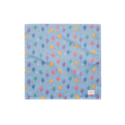 Balloon Bark Bash birthday dog bandana featuring colorful balloons and confetti on a light blue background by HoneyPaw Pets