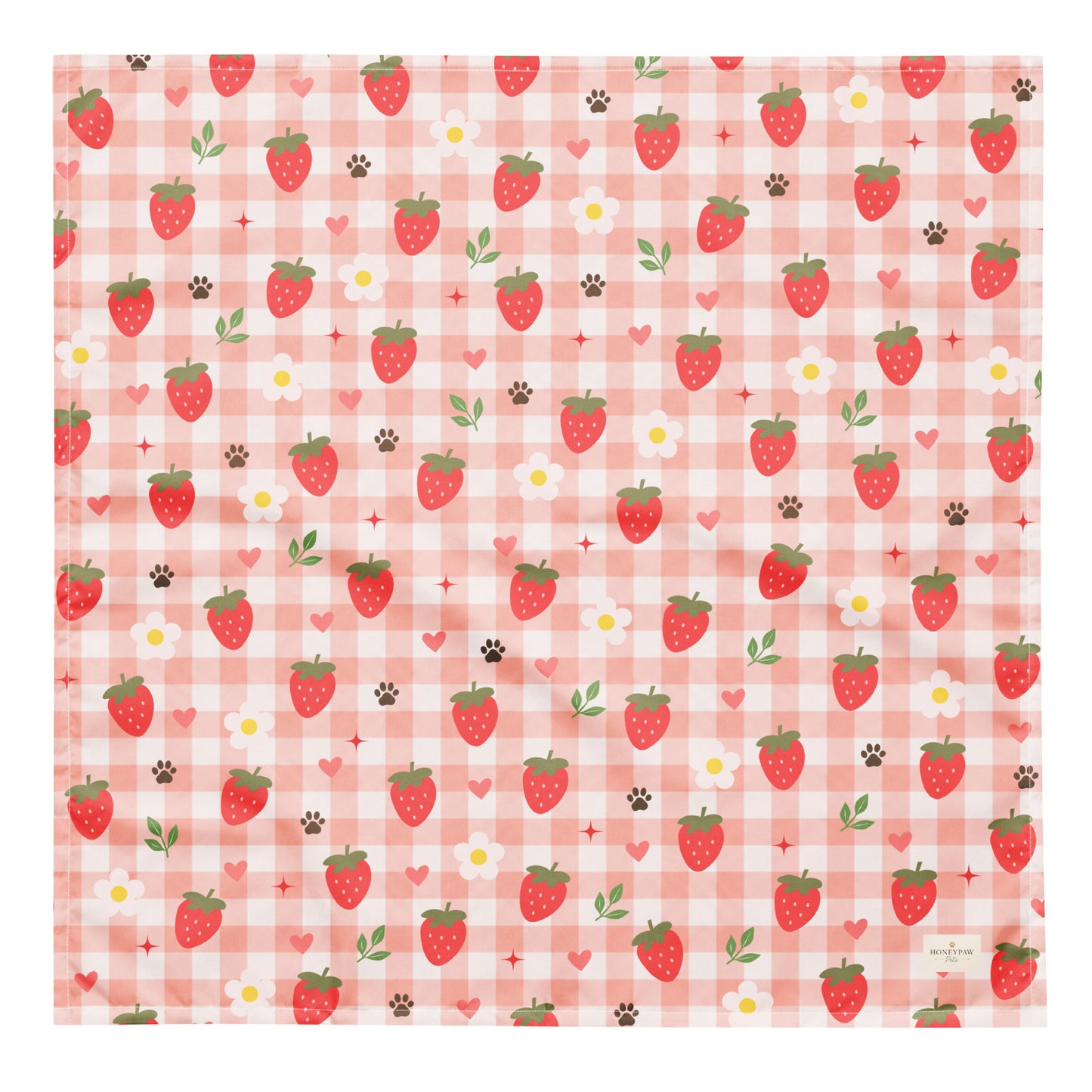 Berry Best Friend dog bandana featuring ripe strawberries, floral accents, and a soft pink plaid pattern on a cream background by HoneyPaw Pets.