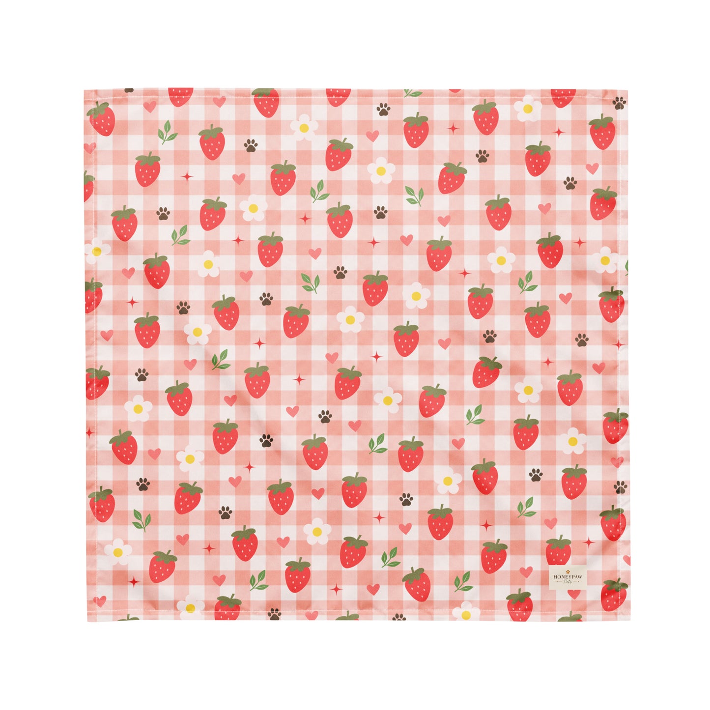 Berry Best Friend dog bandana featuring ripe strawberries, floral accents, and a soft pink plaid pattern on a cream background by HoneyPaw Pets.