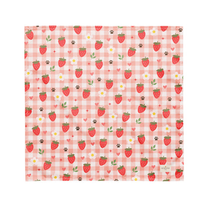 Berry Best Friend dog bandana featuring ripe strawberries, floral accents, and a soft pink plaid pattern on a cream background by HoneyPaw Pets.
