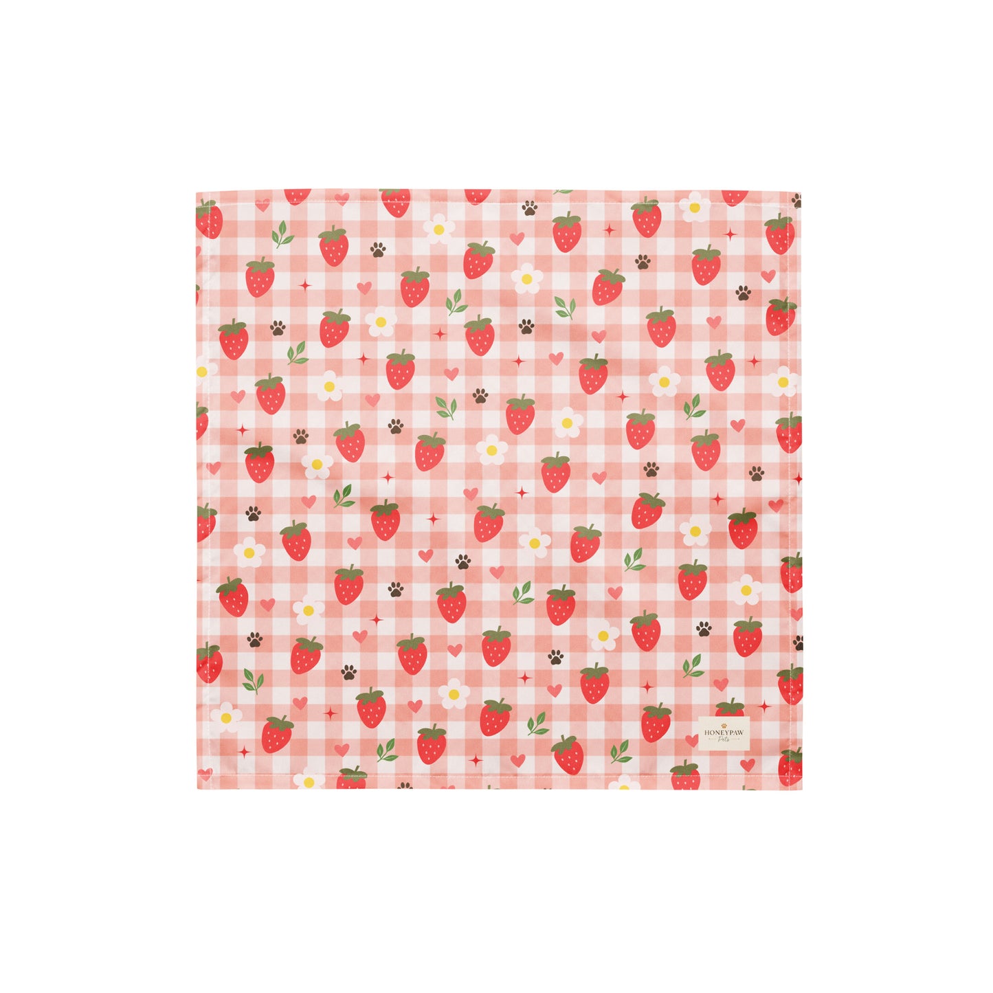 Berry Best Friend dog bandana featuring ripe strawberries, floral accents, and a soft pink plaid pattern on a cream background by HoneyPaw Pets.