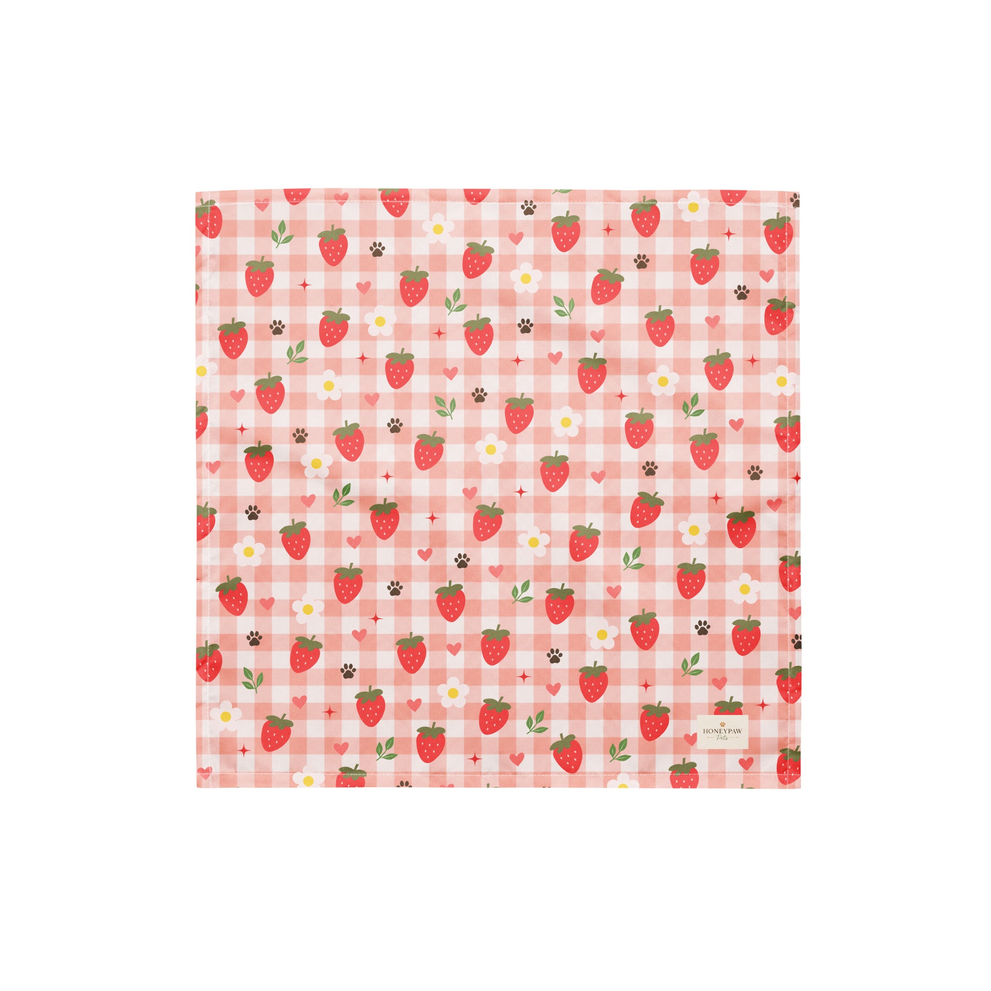 Berry Best Friend dog bandana featuring ripe strawberries, floral accents, and a soft pink plaid pattern on a cream background by HoneyPaw Pets.