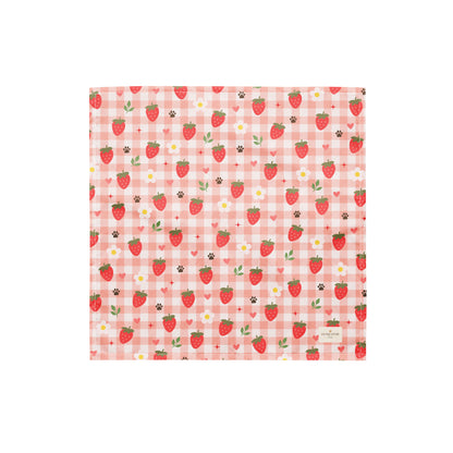 Berry Best Friend dog bandana featuring ripe strawberries, floral accents, and a soft pink plaid pattern on a cream background by HoneyPaw Pets.