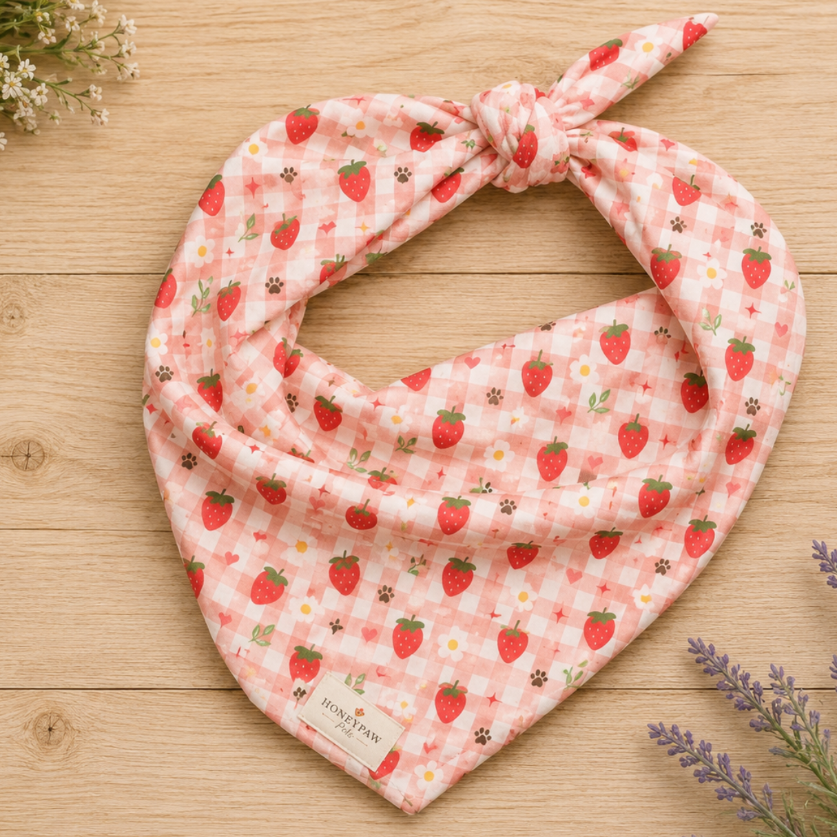 Berry Best Friend dog bandana featuring ripe strawberries, floral accents, and a soft pink plaid pattern on a cream background by HoneyPaw Pets.