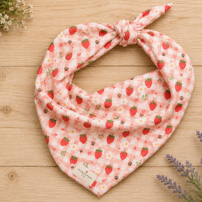 Berry Best Friend dog bandana featuring ripe strawberries, floral accents, and a soft pink plaid pattern on a cream background by HoneyPaw Pets.