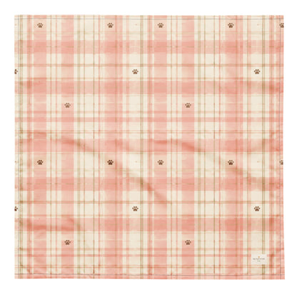 Berry Patch dog bandana featuring a soft blush pink and cream plaid pattern with paw prints by HoneyPaw Pets.