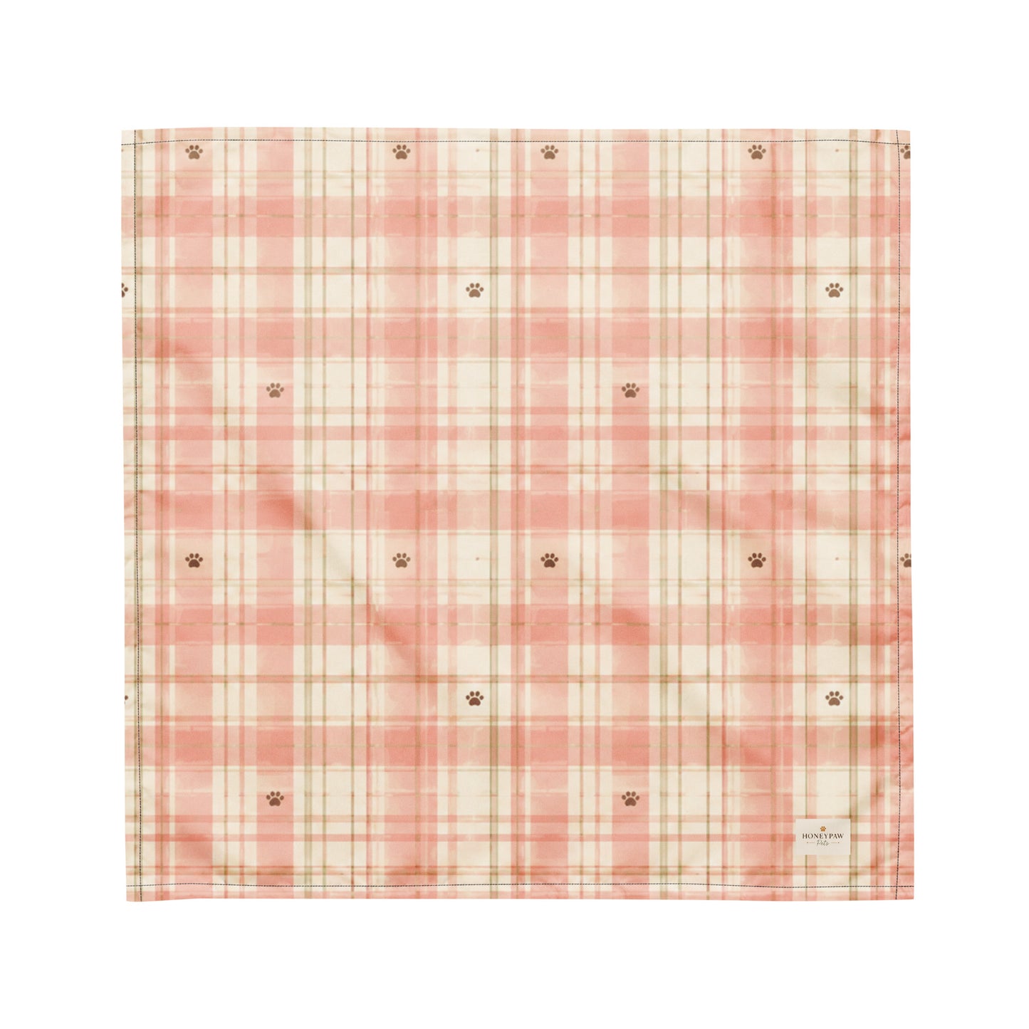 Berry Patch dog bandana featuring a soft blush pink and cream plaid pattern with paw prints by HoneyPaw Pets.