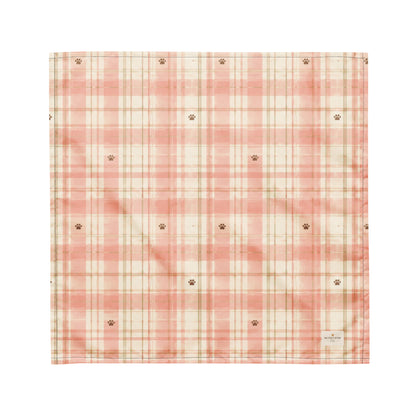 Berry Patch dog bandana featuring a soft blush pink and cream plaid pattern with paw prints by HoneyPaw Pets.
