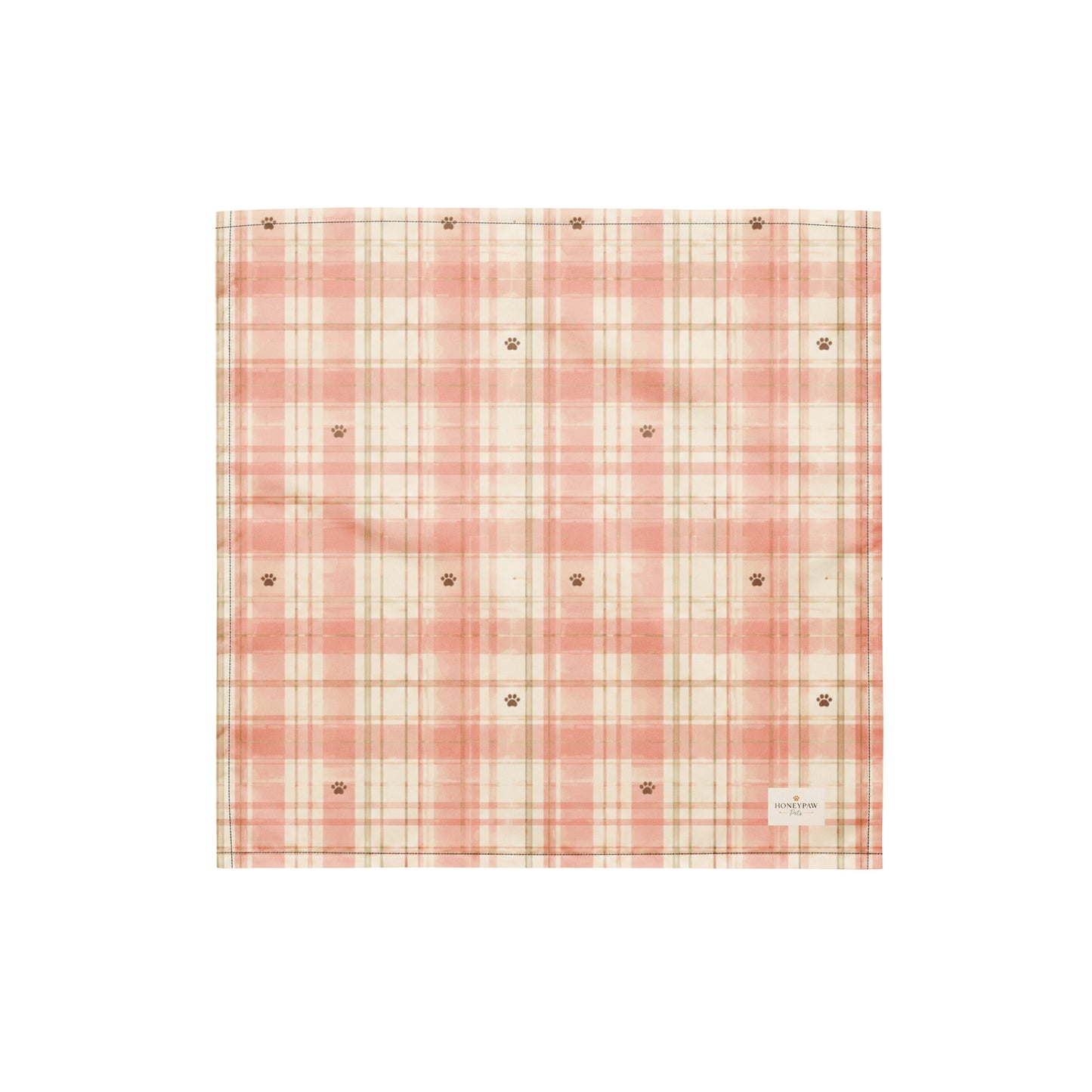 Berry Patch dog bandana featuring a soft blush pink and cream plaid pattern with paw prints by HoneyPaw Pets.