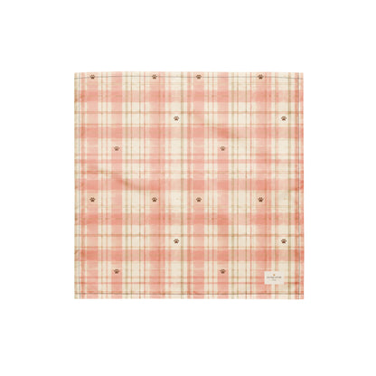 Berry Patch dog bandana featuring a soft blush pink and cream plaid pattern with paw prints by HoneyPaw Pets.