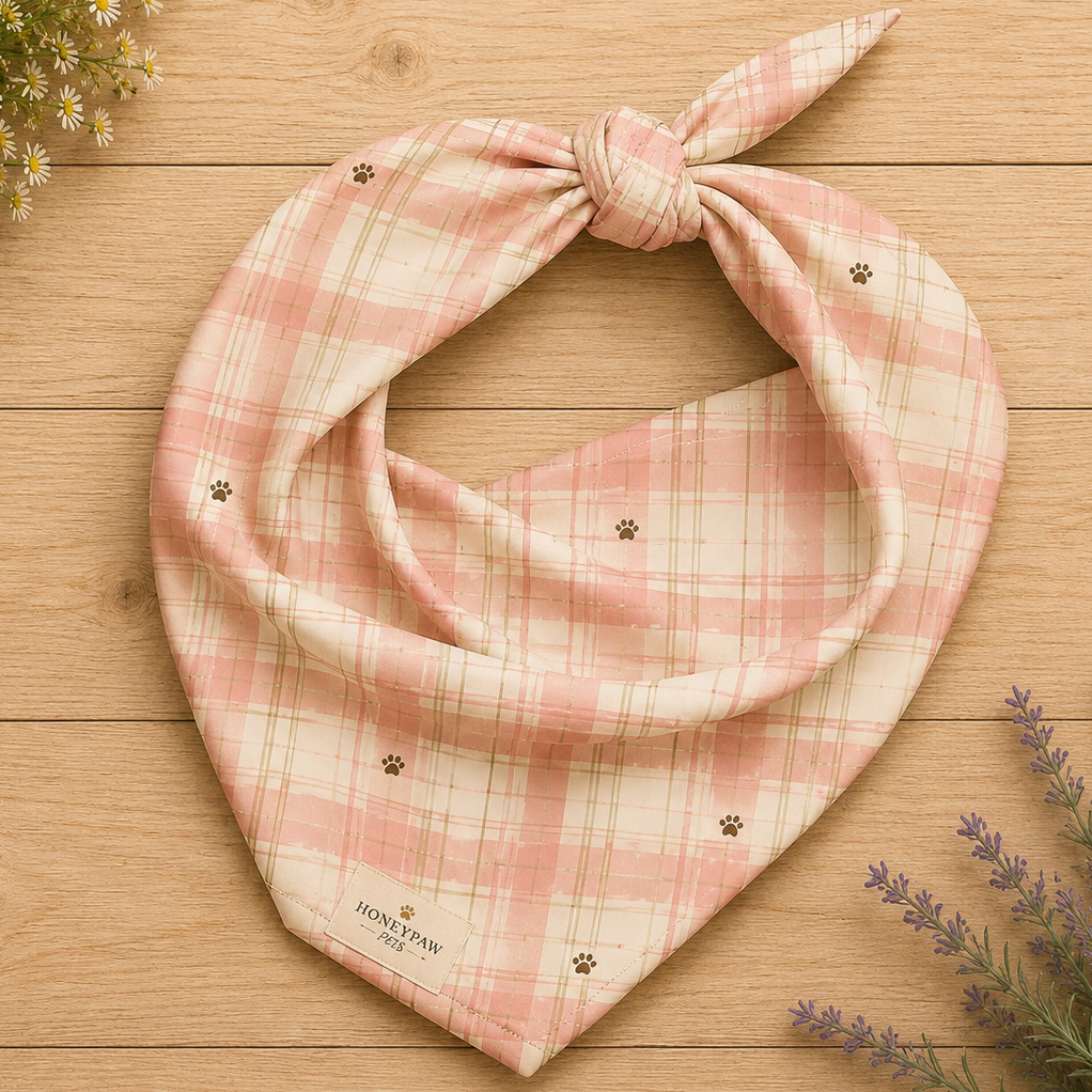 Berry Patch dog bandana featuring a soft blush pink and cream plaid pattern with paw prints by HoneyPaw Pets.