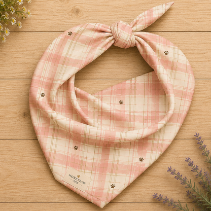 Berry Patch dog bandana featuring a soft blush pink and cream plaid pattern with paw prints by HoneyPaw Pets.