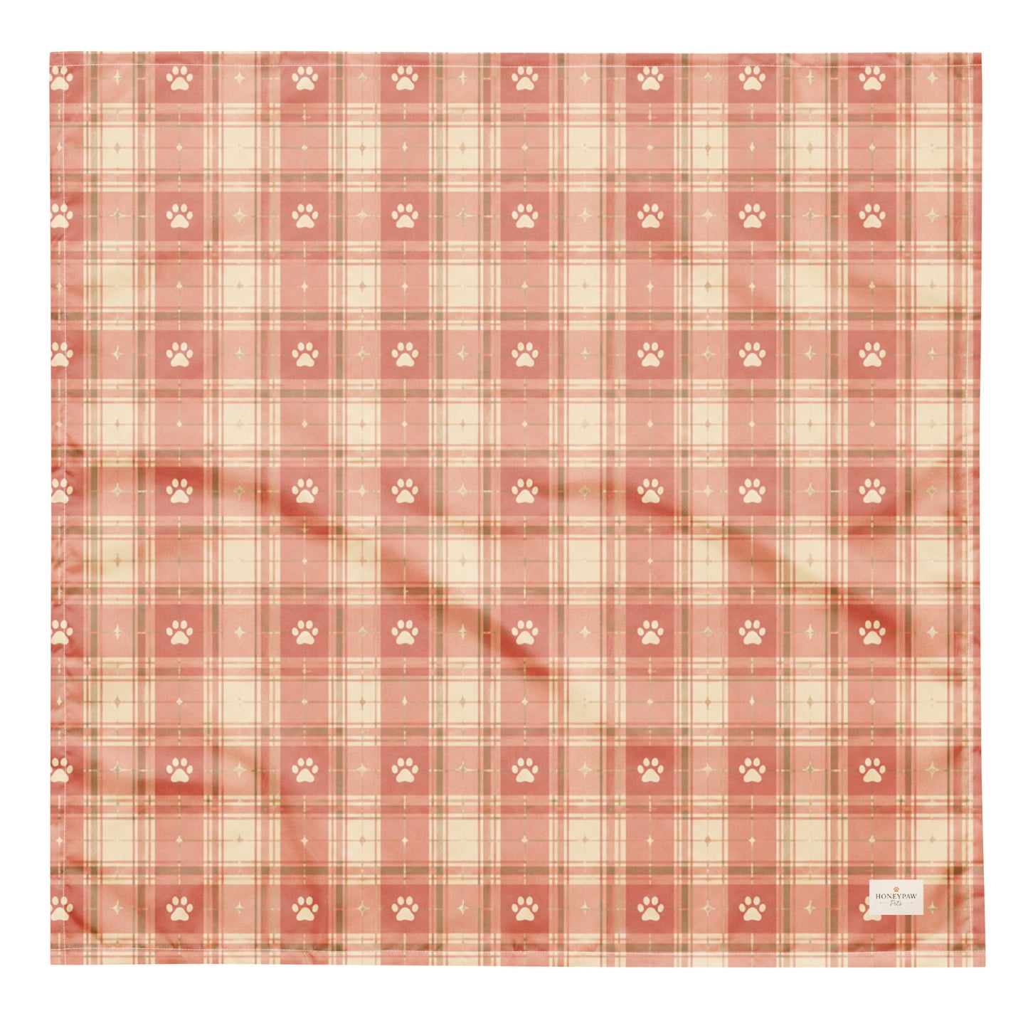 Bloom and Bark dog bandana featuring a blush pink plaid pattern with paw prints by HoneyPaw Pets