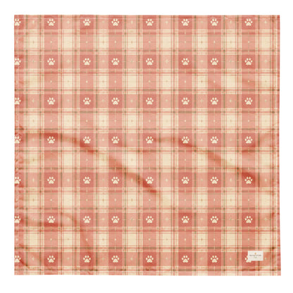 Bloom and Bark dog bandana featuring a blush pink plaid pattern with paw prints by HoneyPaw Pets