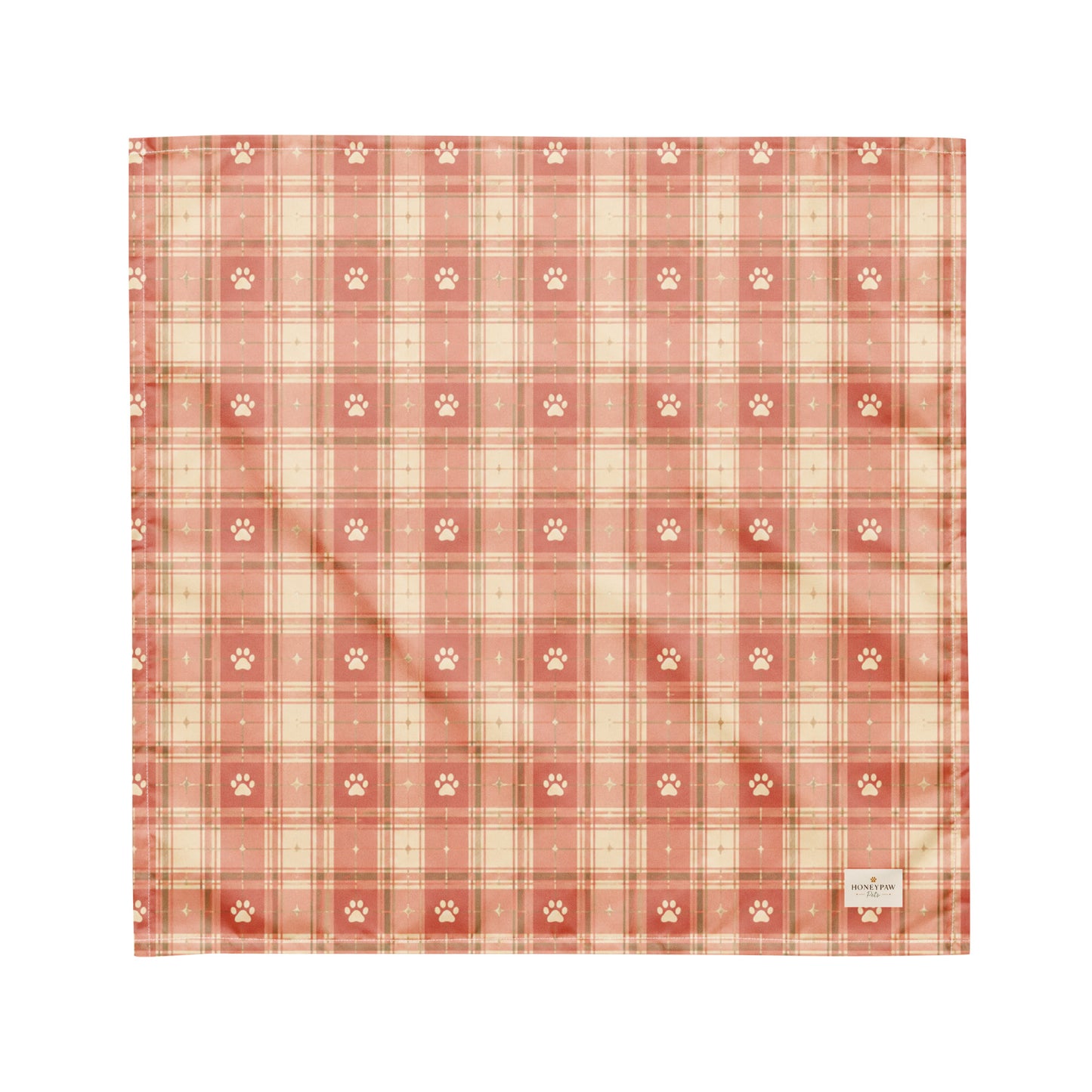 Bloom and Bark dog bandana featuring a blush pink plaid pattern with paw prints by HoneyPaw Pets
