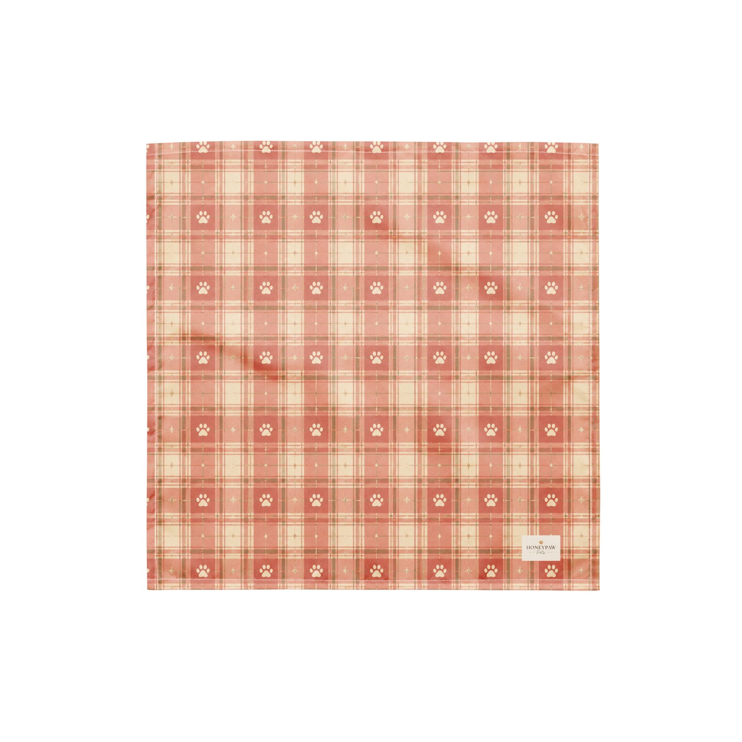Bloom and Bark dog bandana featuring a blush pink plaid pattern with paw prints by HoneyPaw Pets