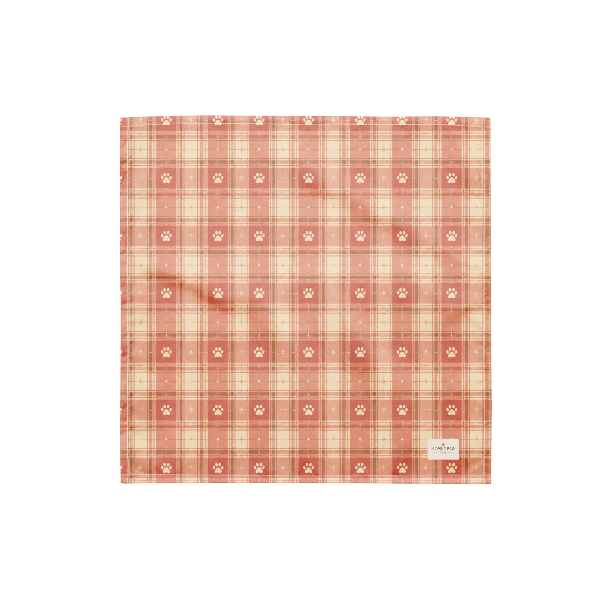 Bloom and Bark dog bandana featuring a blush pink plaid pattern with paw prints by HoneyPaw Pets