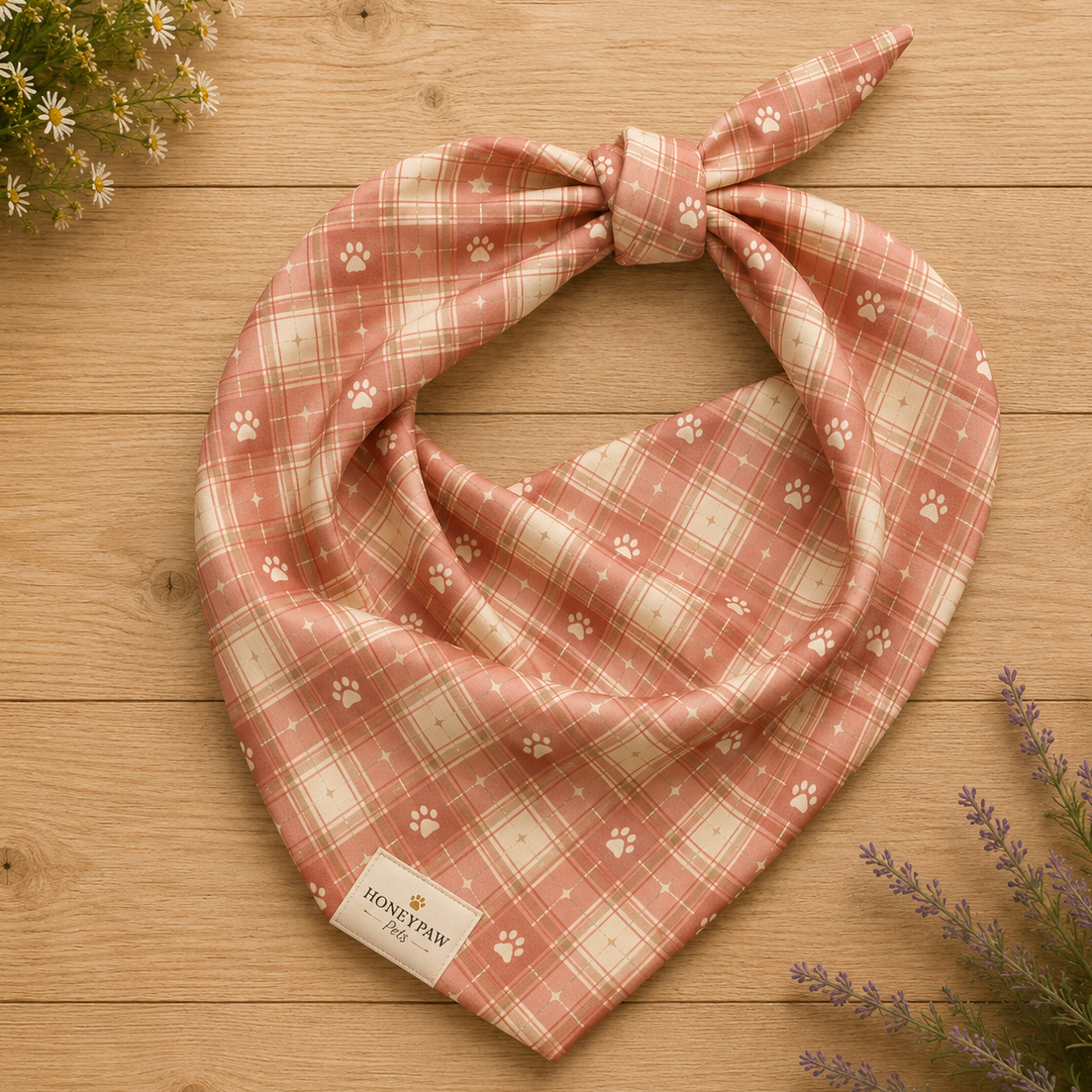 Bloom and Bark dog bandana featuring a blush pink plaid pattern with paw prints by HoneyPaw Pets