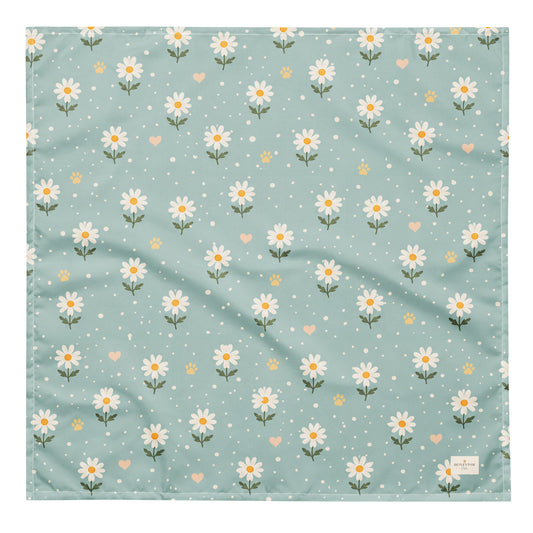 Blue Bumble dog bandana featuring white daisies, paw prints, and golden hearts on a soft blue background by HoneyPaw Pets.