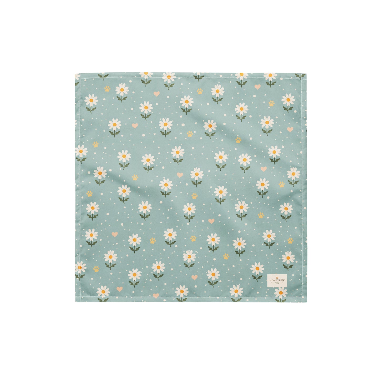 Blue Bumble dog bandana featuring white daisies, paw prints, and golden hearts on a soft blue background by HoneyPaw Pets.