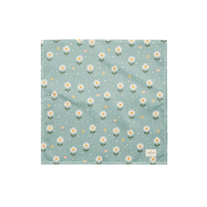 Blue Bumble dog bandana featuring white daisies, paw prints, and golden hearts on a soft blue background by HoneyPaw Pets.