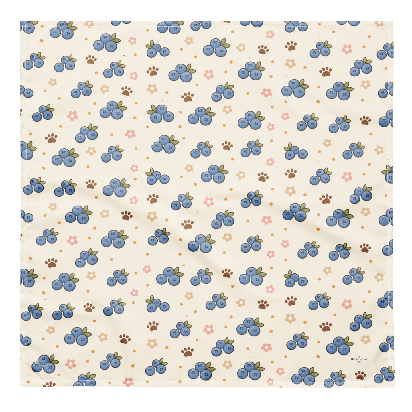 Blueberry Barkin' dog bandana featuring fresh blueberries, floral accents, and paw prints on a cream background by HoneyPaw Pets.