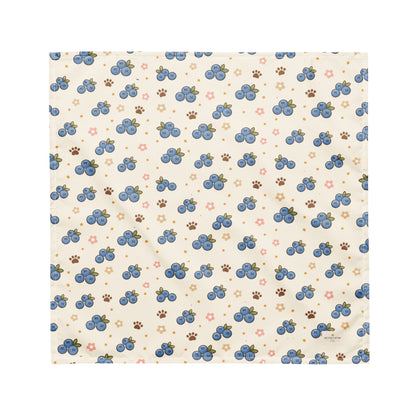 Blueberry Barkin' dog bandana featuring fresh blueberries, floral accents, and paw prints on a cream background by HoneyPaw Pets.