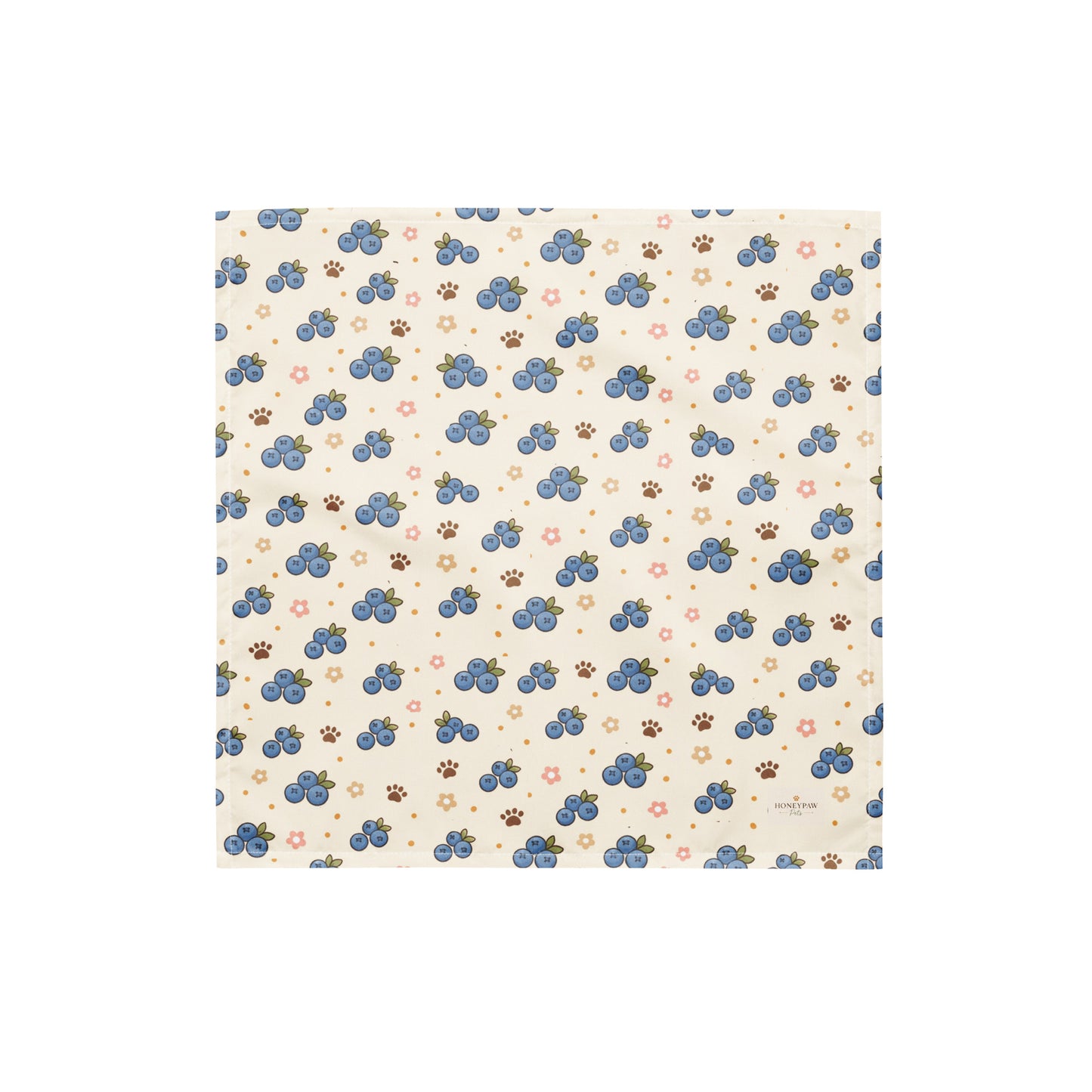 Blueberry Barkin' dog bandana featuring fresh blueberries, floral accents, and paw prints on a cream background by HoneyPaw Pets.