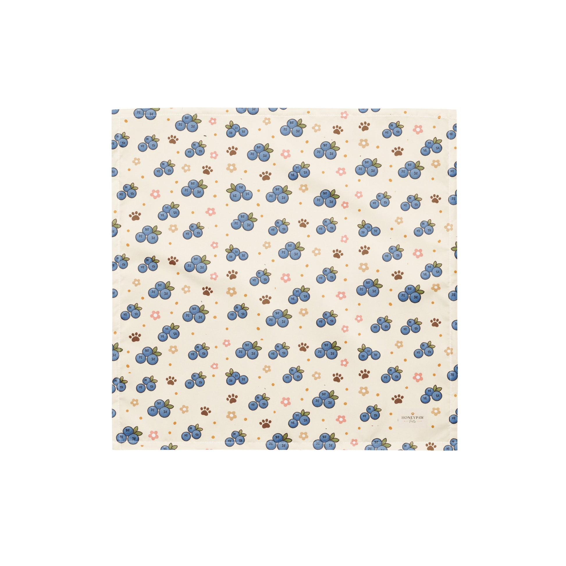 Blueberry Barkin' dog bandana featuring fresh blueberries, floral accents, and paw prints on a cream background by HoneyPaw Pets.