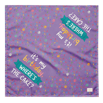 Born to Pawty birthday dog bandana featuring colorful confetti, paw prints, and the phrase "It's My Birthday, Where's the Cake?" on a purple background by HoneyPaw Pets