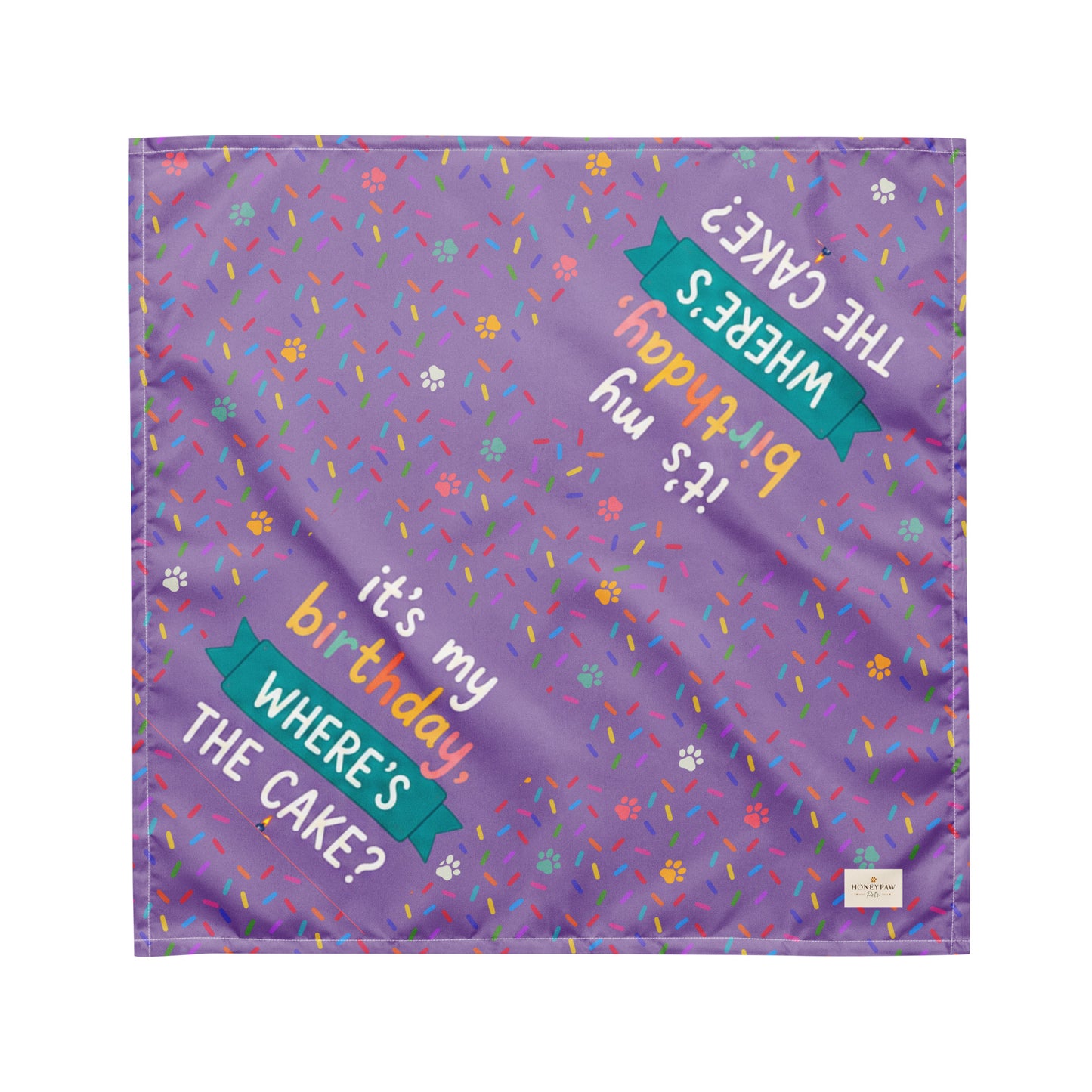Born to Pawty birthday dog bandana featuring colorful confetti, paw prints, and the phrase "It's My Birthday, Where's the Cake?" on a purple background by HoneyPaw Pets
